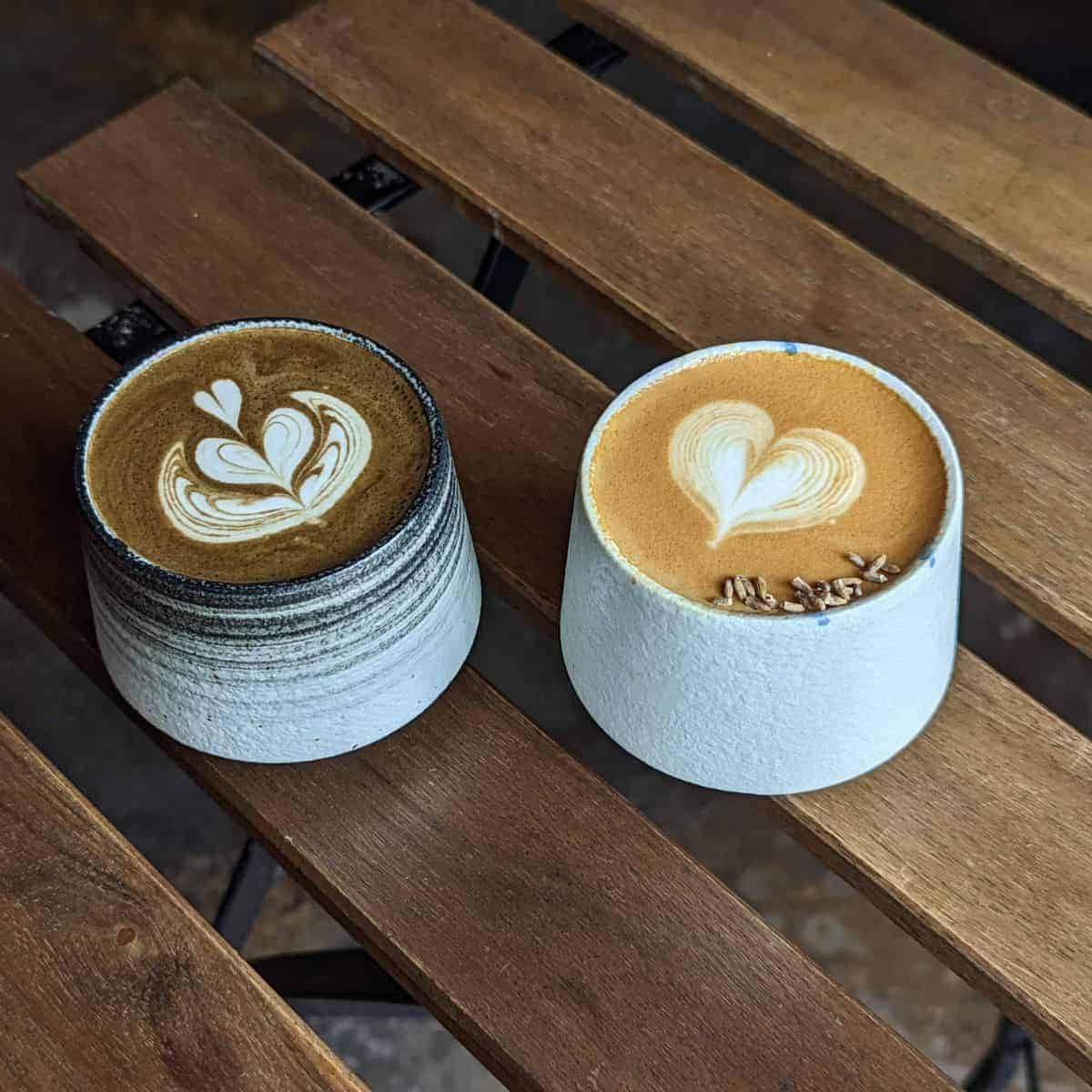 Dirty houjicha latte and Lavender latte at bean sprout cafe