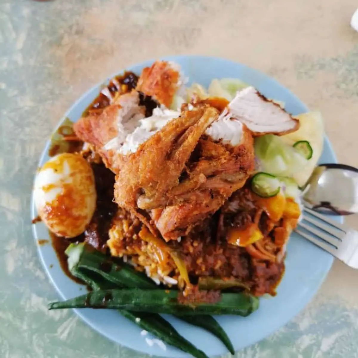 Full plate of Nasi Kandar from Merlin with chicken, okra, and boiled egg in a light blue plate