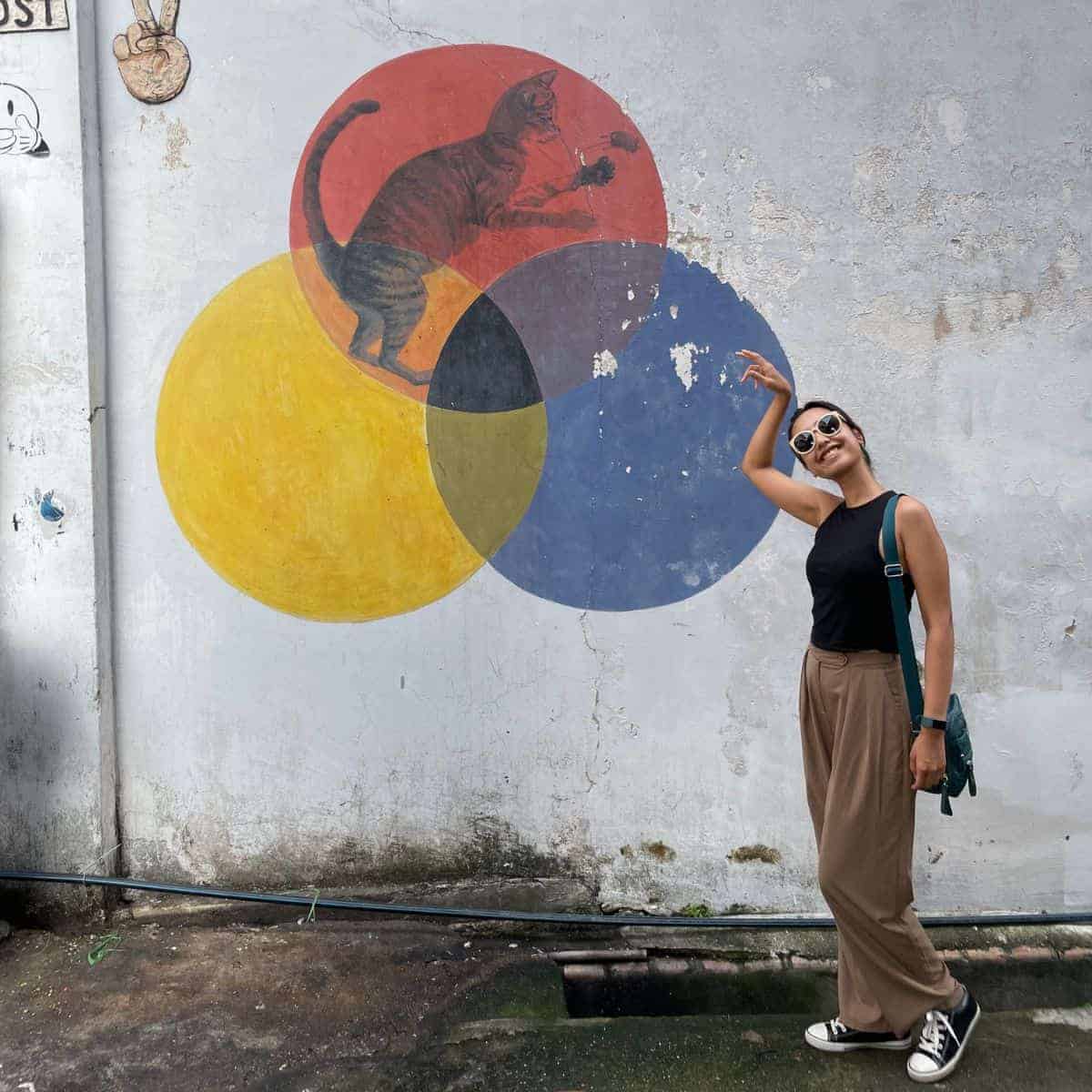 Tricolour cat street art Georgetown Penang with Victoria