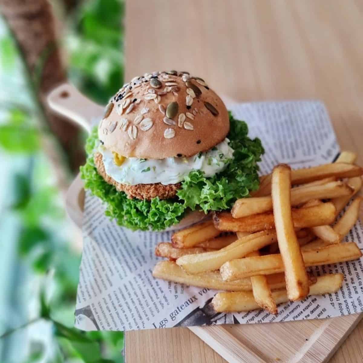 Brown Poodle’s Vegetarian version of chicken burger and potato fries