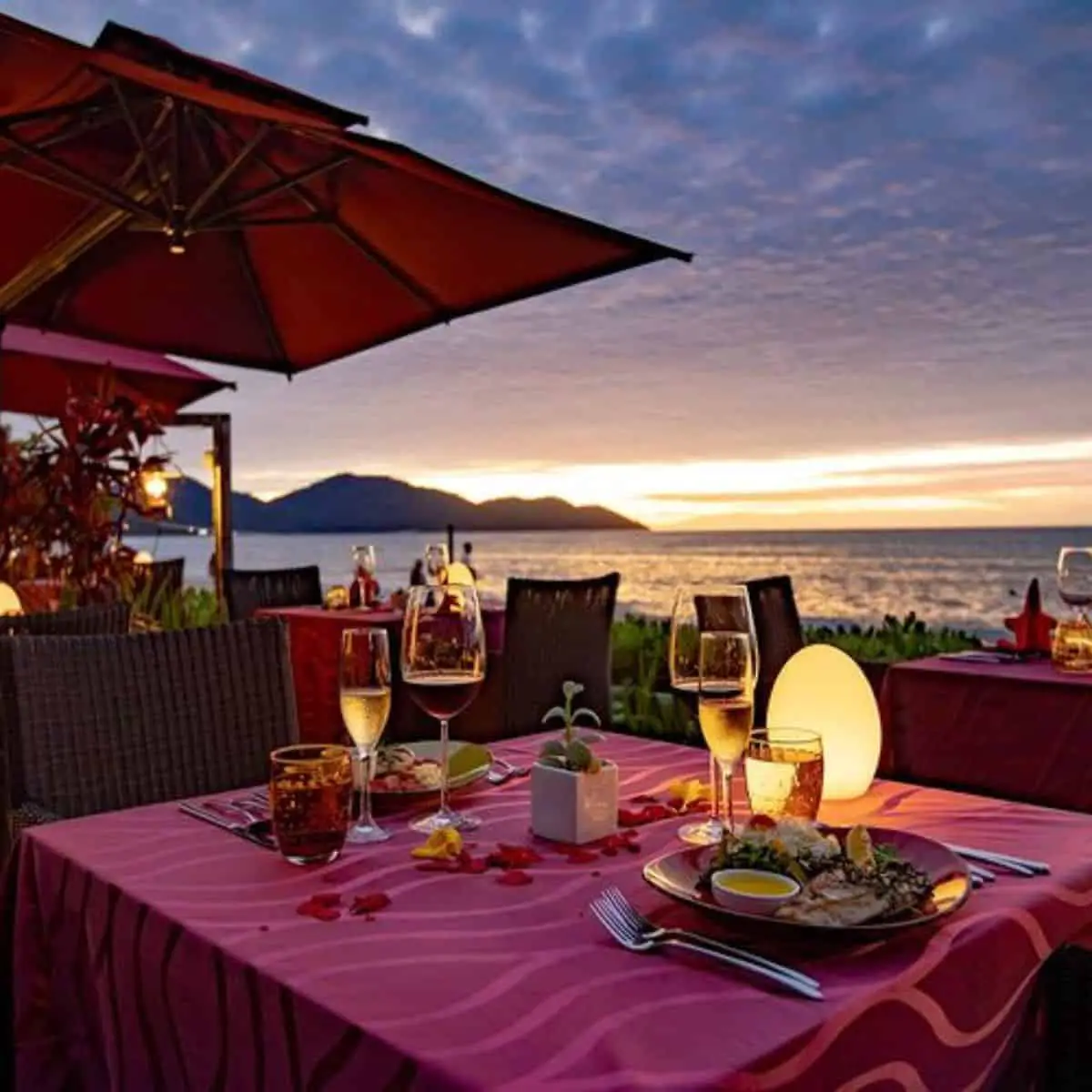 Park Royal Penang Resort’s romantic dining with sunset setting and magenta themed dining seats