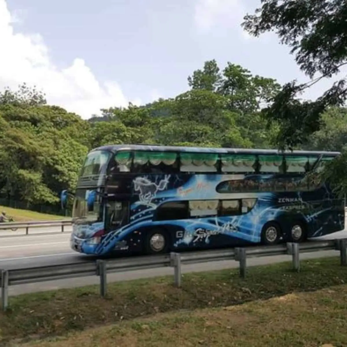Bluish Grassland Express coach travelling from Singapore to Penang