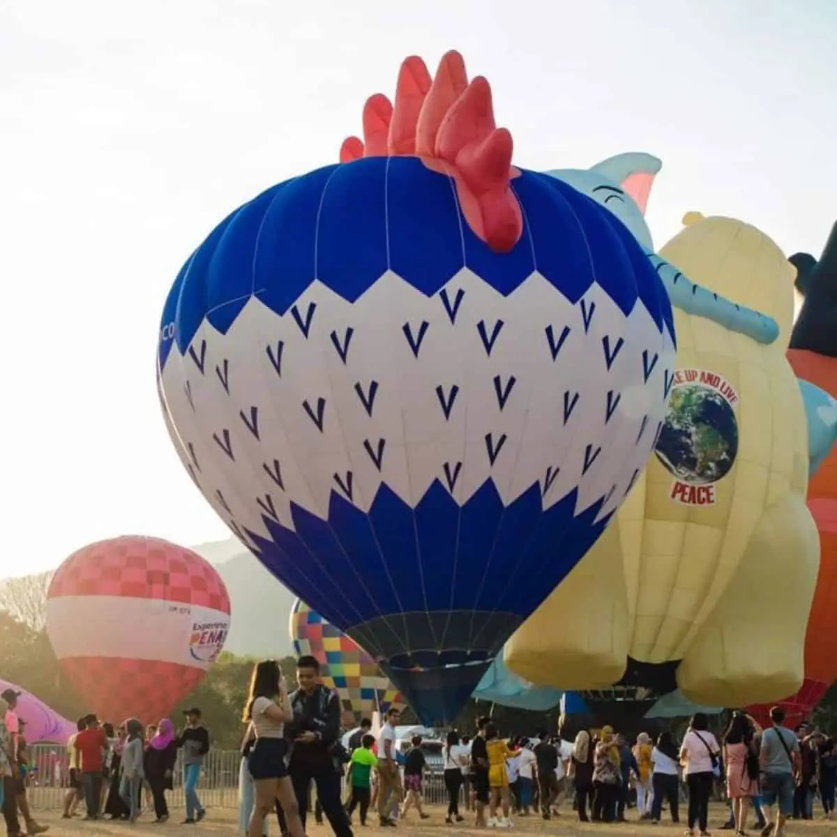 Penang Hot Air Balloon Fiesta with hot air balloons on display and busy tourists visiting the area