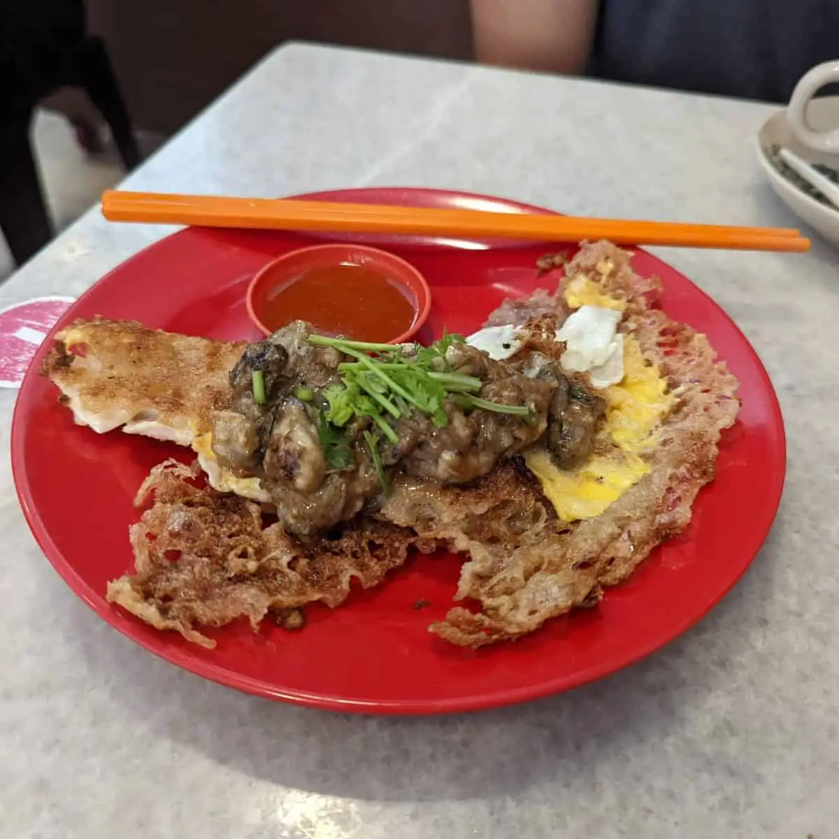 Oyster omelette at OO White Coffee Penang street food