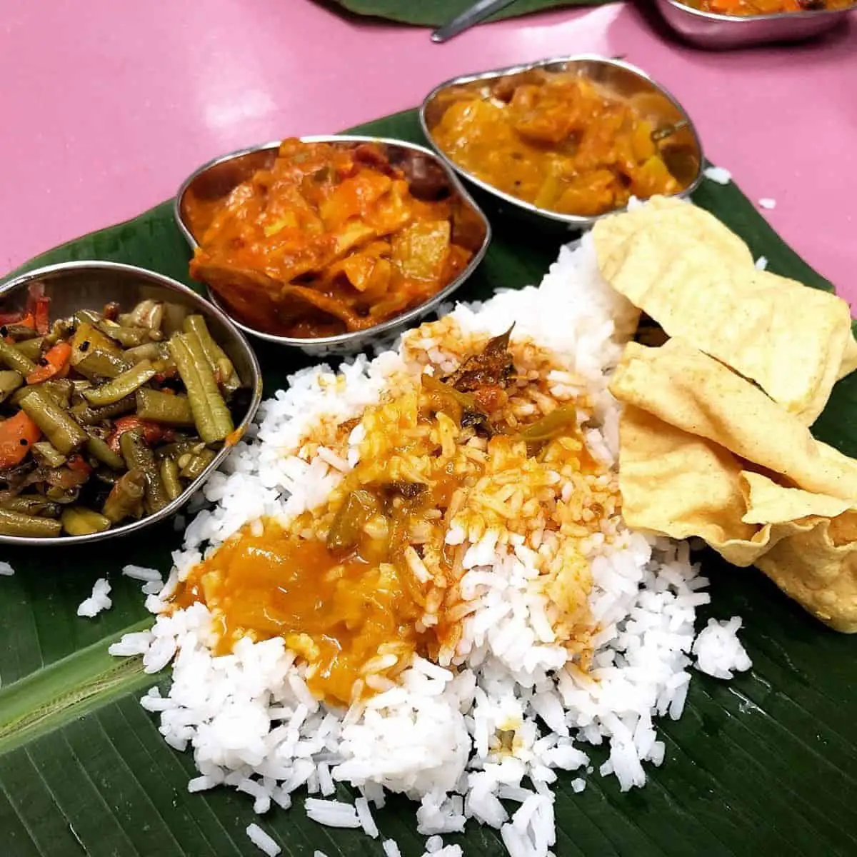 Delicious Indian meals in banana leaf at Veloo Villas Restaurant Penang