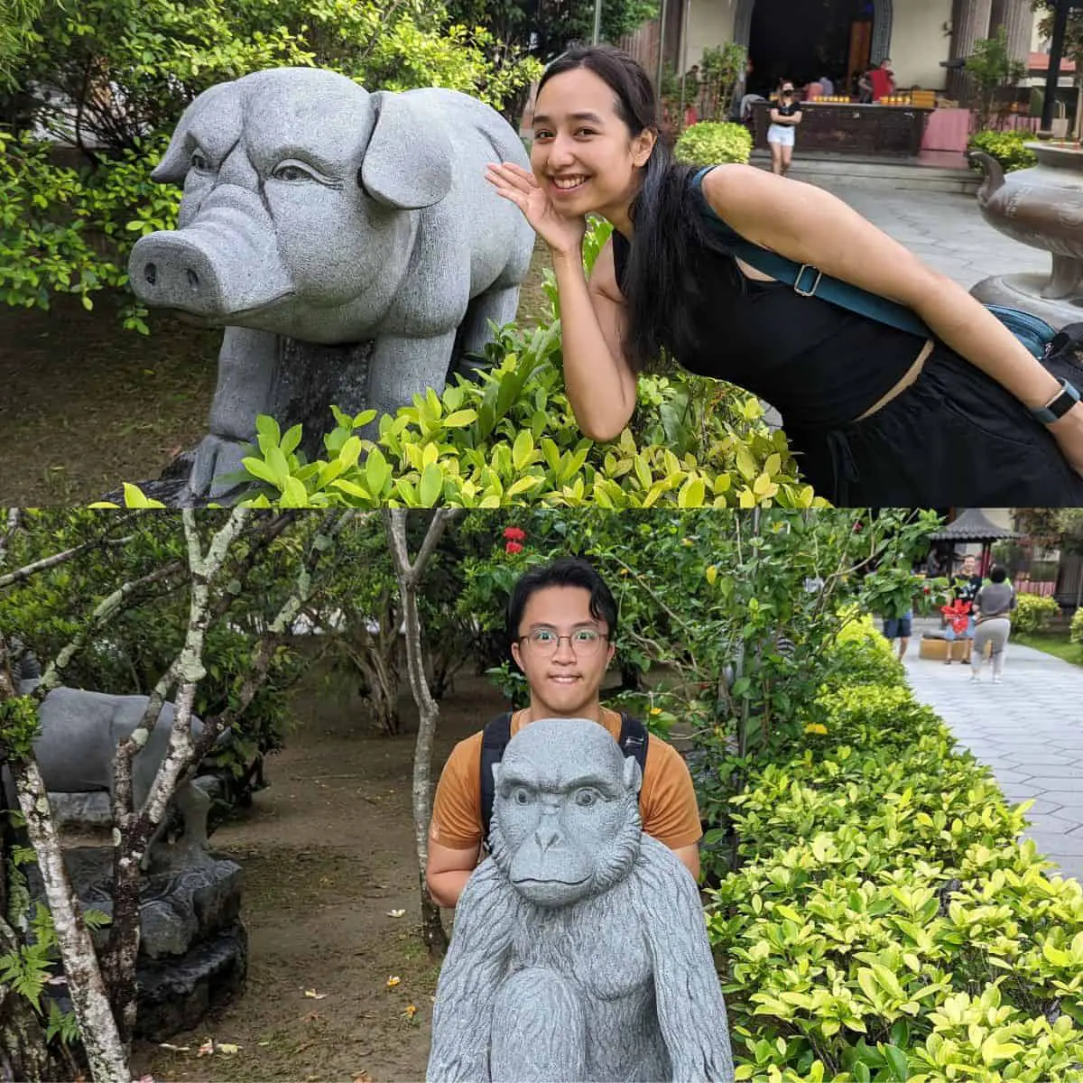 Victoria and Ruiz with pig monkey zodiac statues