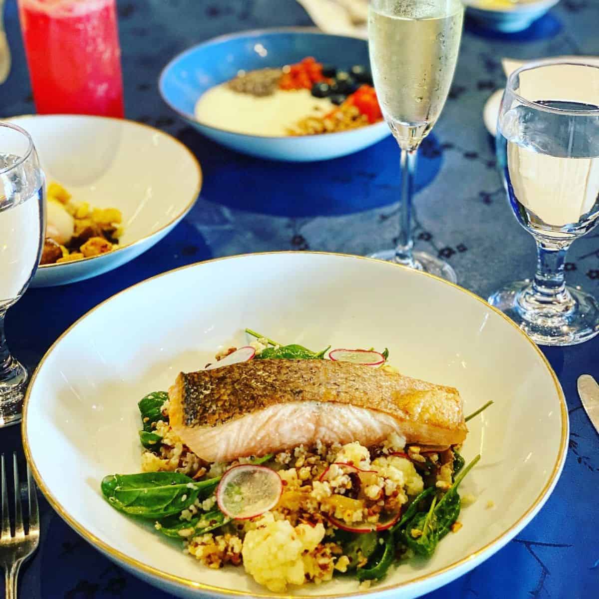 Brunch dishes paired with a sparkling drink and fruit juice in a restaurant in Penang